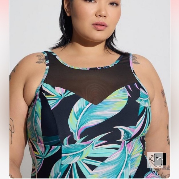 Torrid Wireless Mesh High Neck One Piece Swimsuit Pretty Summer Leaves Black NEW - Picture 4 of 7